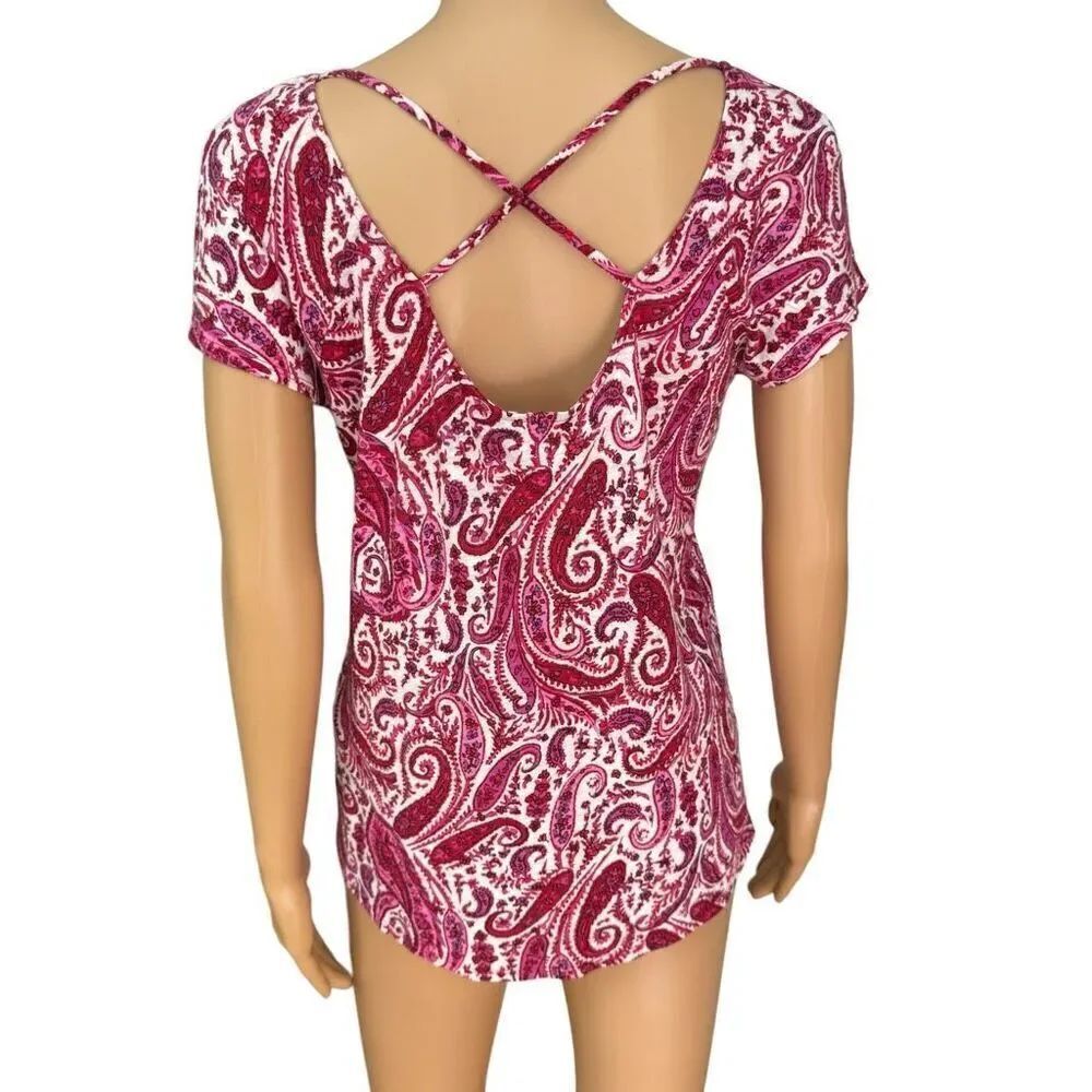 Lucky Brand Colorful Red Pink Paisley Top Open Back size S linen blend